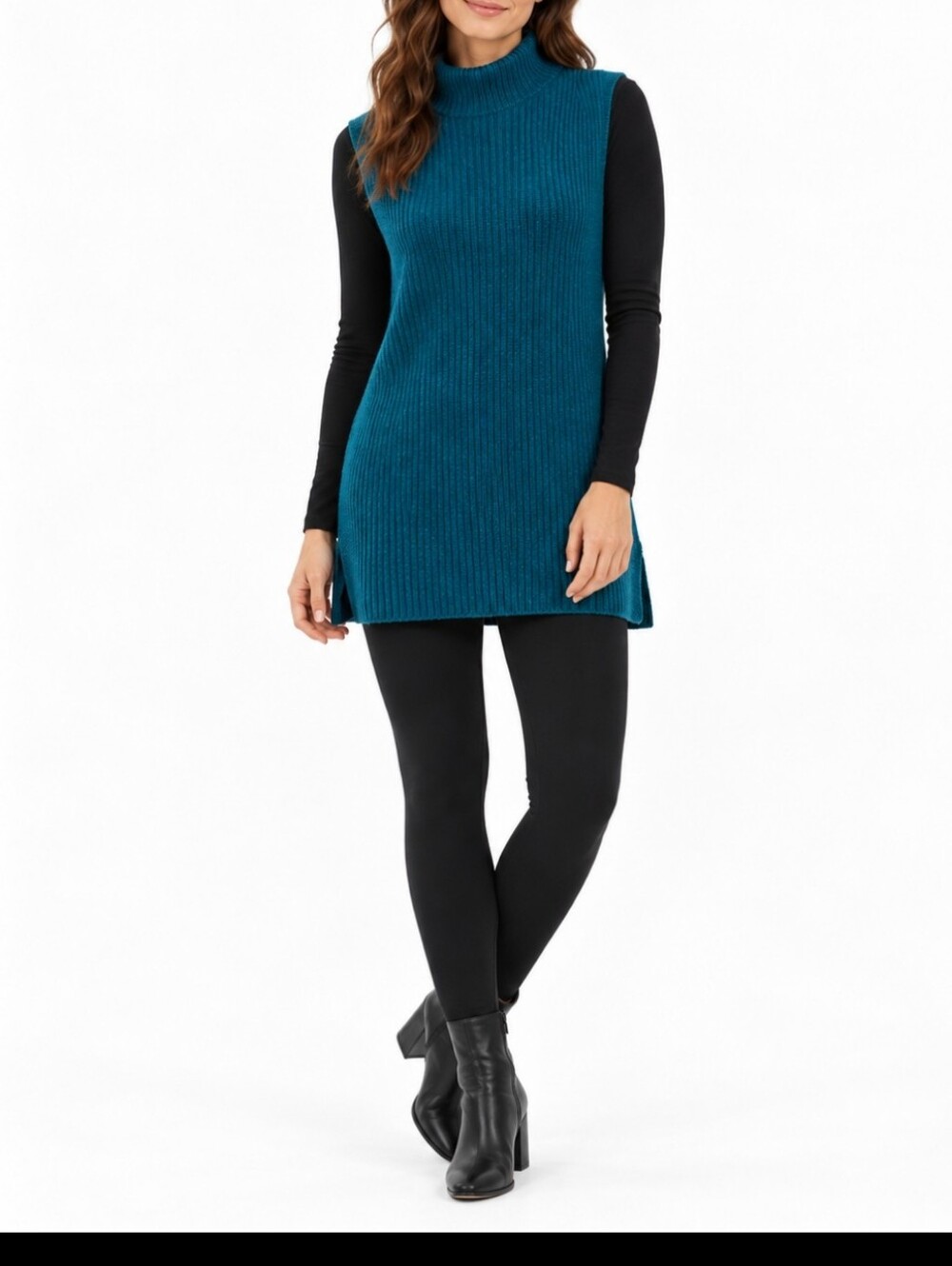 Wilfred Aritzia Teal Italian Wool Sleeveless Turtleneck Sweater Tunic S Chic
